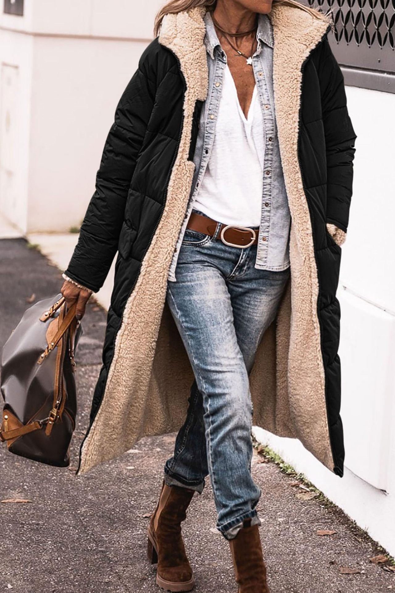 Stilzeits | Lange Pufferjacke mit Pelzfutter Polyester Warm und Trendy