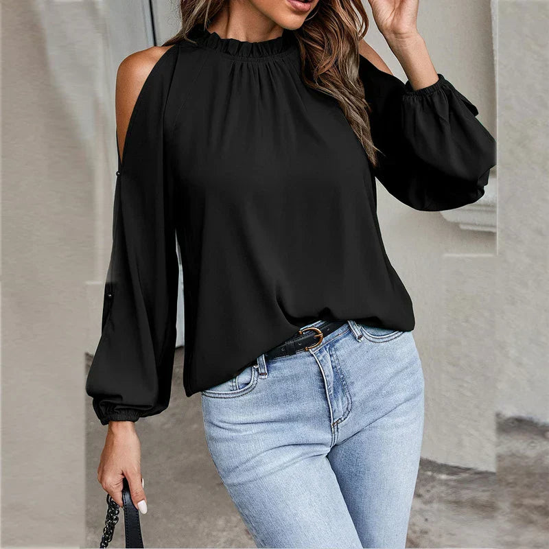 Stylish Cold-Shoulder Long-Sleeve Chiffon Blouse by Fudus