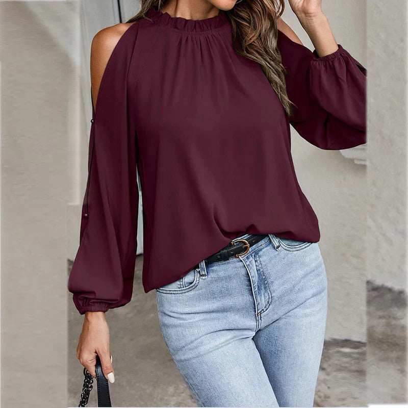 Stylish Cold-Shoulder Long-Sleeve Chiffon Blouse by Fudus