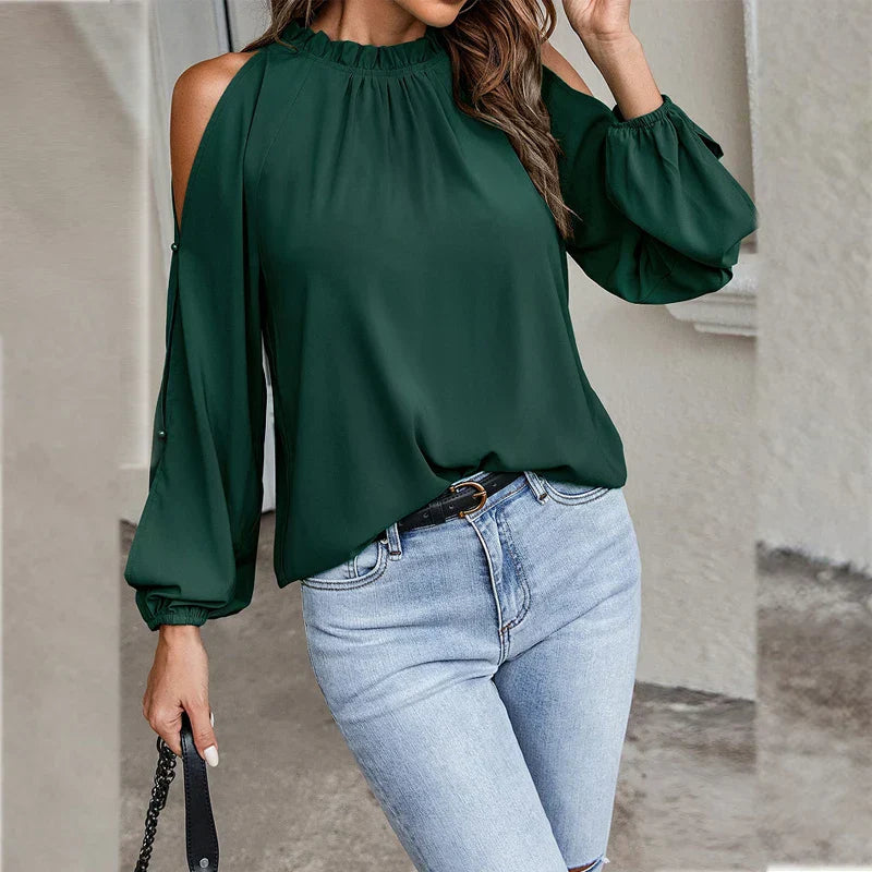 Stylish Cold-Shoulder Long-Sleeve Chiffon Blouse by Fudus