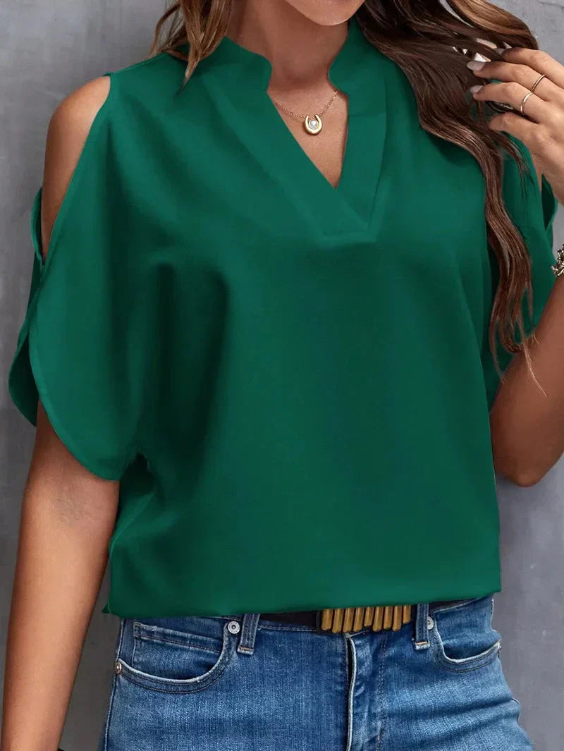 Stylish Cold Shoulder V-Neck Blouse by Fudus