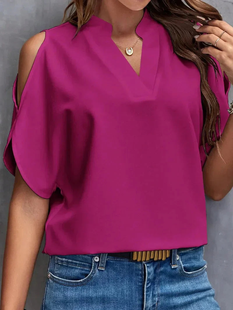 Stylish Cold Shoulder V-Neck Blouse by Fudus