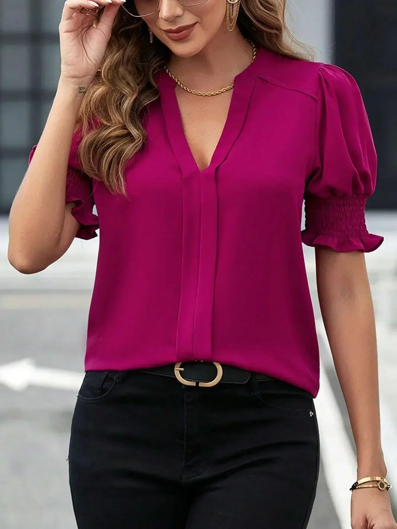 Stylish Designer Blouse with Puff Sleeves and V-Neck